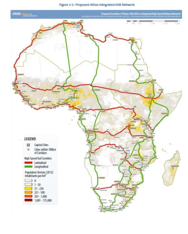 Map of main corridors of a proposed African Integrated High Speed Rail Network
