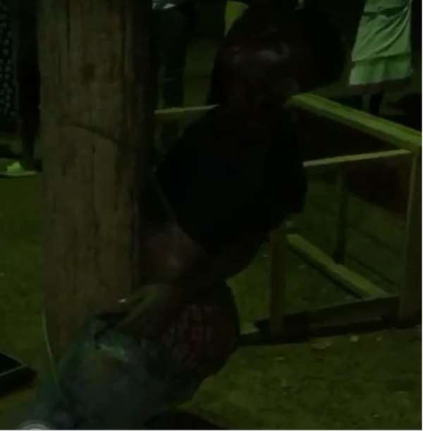 The suspect tied to an electricity pole