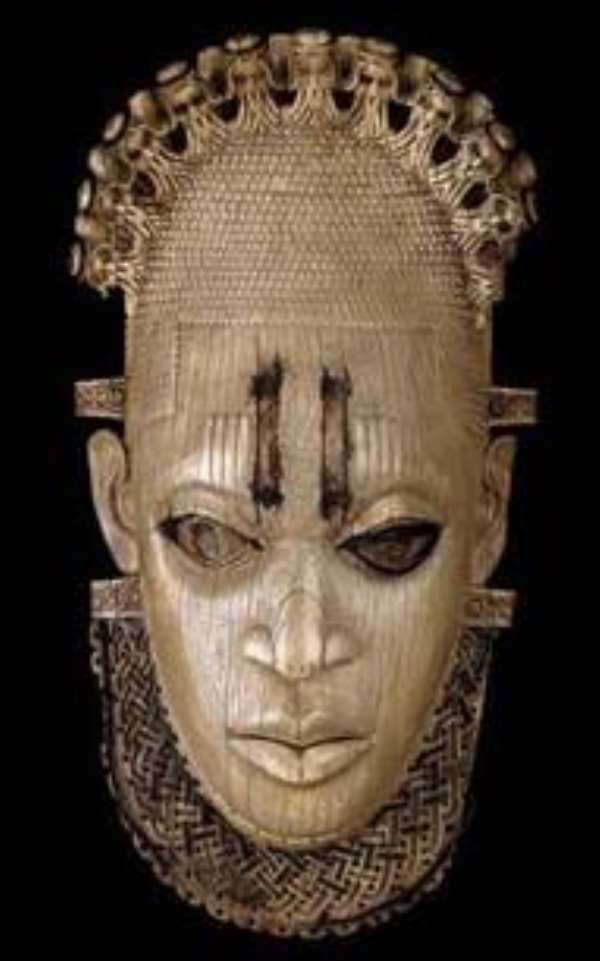 Ivory hip mask, Queen-Mother Idia, Benin, Nigeria, now in British Museum, London, United Kingdom.