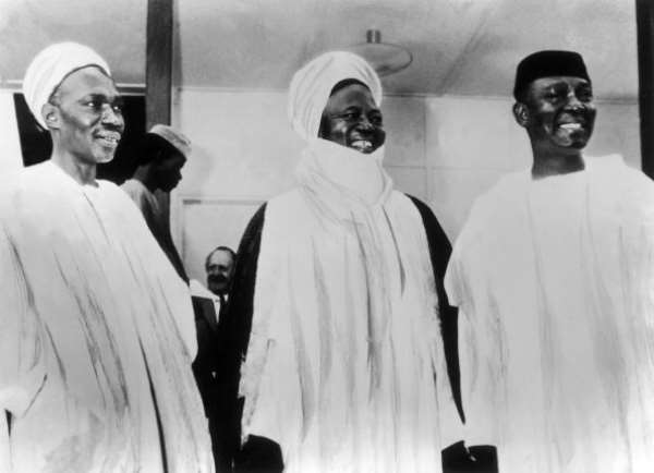 Nigerian Prime Minister Abubakar Tafawa Balewa, Northern Region Chief Ahmadu Bello and Governor General Nnamdi Azikiwe during the celebration of Nigeria's independence, October 1, 1960. - Source: Keystone-France / Gamma- Keystone via Getty Images)