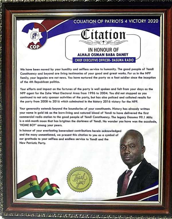 Coalition Of Patriots For Victory 2020 Honours Alhaji Baba Osman Daney