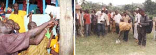 The MP, Francis Kwesi Adu Blay, and the DCE, Robert Wisdom Cudjoe, commissioning the electrification project(left), MP Francis Kwesi Adu Blay cutting the sod for the six unit classroom block(right)