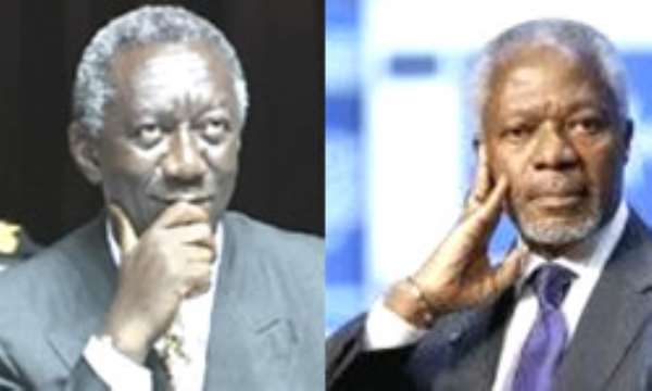President Kufuor and Mr Annan
*Pays tribute to Kofi Annan and promises him a heroe`s welcome...
*Praises Ghana`s media for being vibrant watchdog