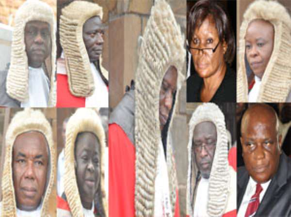 From top left: Justice Annin-Yeboah, Justice Julius Ansah, Justice Vida Akoto-Bamfo, Justice Sophia O. Adinyira.Down Left: Victor Jones Dotse, Justice Rose C. Owusu, Justice Baffoe Bonnie, Justice Nasiru Sulemana Gbadegbe.Middle: Justice William Atuguba