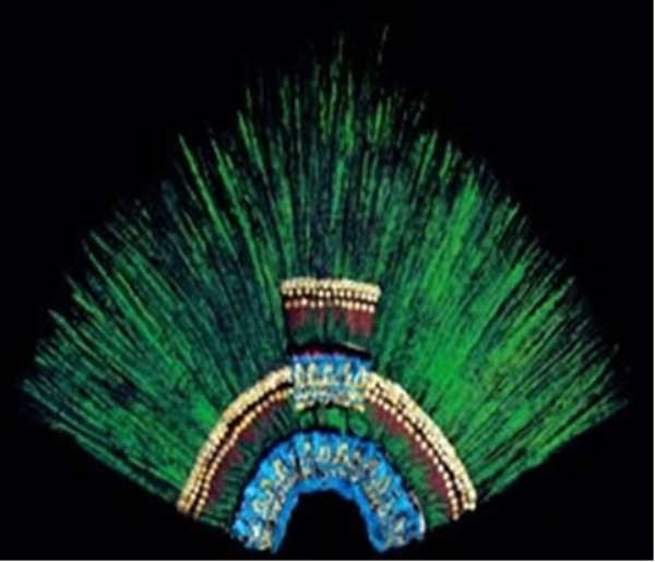 Penacho de Moctezuma, the Quetzal-feather crown of Montezuma, the last Aztec Emperor, in the Völkerkundemuseum, Vienna. Austria.