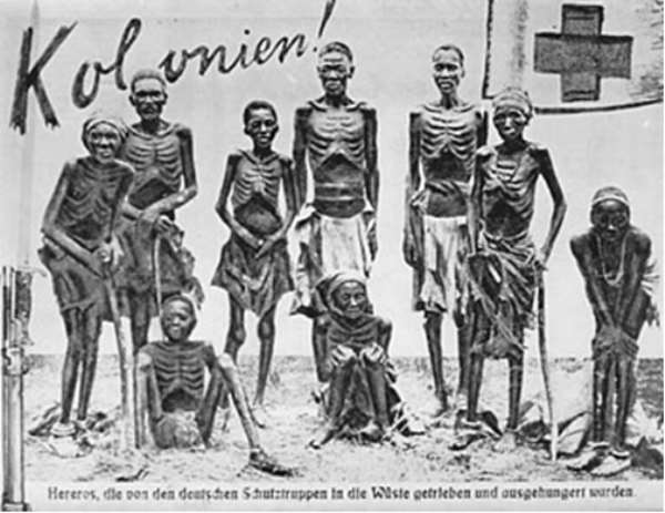 Surviving Herero returning starved from the Omaheke desert where they had been driven by German troops after the battle at Waterberg; two women in front were unable to stand