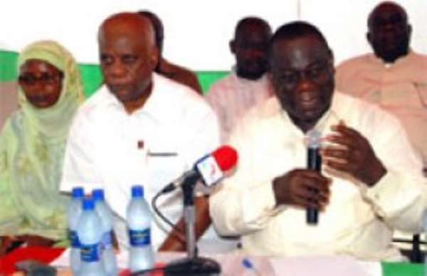 Mr Aggudey (right) addressing the press. With him are Mr Ladi Nylander and Hajia Hamdattu Haruna (left), CPP National Chairman and Women Organiser respectively.