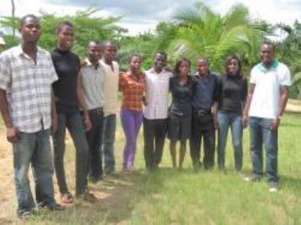 World Vision Project facilitators, Cocoa ambassadors and KNUST Volunteers in a pose
From left Sammy Adjei, Rebecca Zutah, Dennis Lamptey, Joseph Opoku, Abigail Adjah, Sammy Akomea, Hana Aidoo, Partick Attamah, Audrey Gambrah, Emmanuel Aboagye