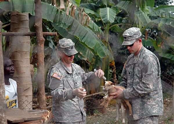 Description: Africa Partnership Station (APS) volunteers, U.S. Army Capt. Brian Smith and U.S. Army Specialist Steven Mraz both assigned to the 64th Medical Detachment (Veterinary Service) inoculate a pair of baby goats.