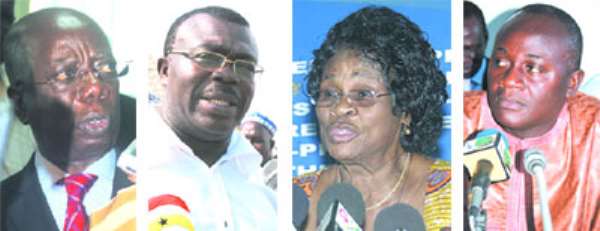 From left: Mr. Kwadwo Mpiani, Former Chief of Staff under seige , Mr. Asamoah Boateng, Ex-Minister of Information, Mrs. Gladys Asmah, Ex- Minister of Fisheries, Mr. Dan Botwe, Ex-Minister of Information