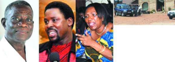 From left: President Atta Mills, Prophet TB Joshua, Mrs Betty Mould-Iddrisu, Police officers executing the court order. INSET: Some of the impounded properties of the Synagogue Church