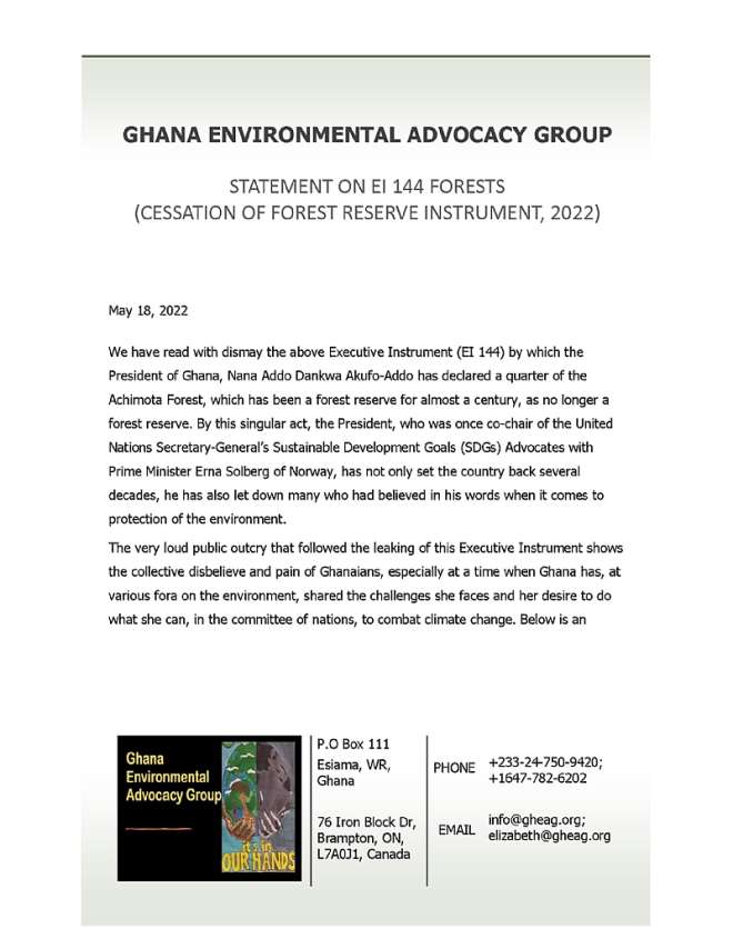 Ghana Environmental Advocacy Group Statement On Ei 144 Forests