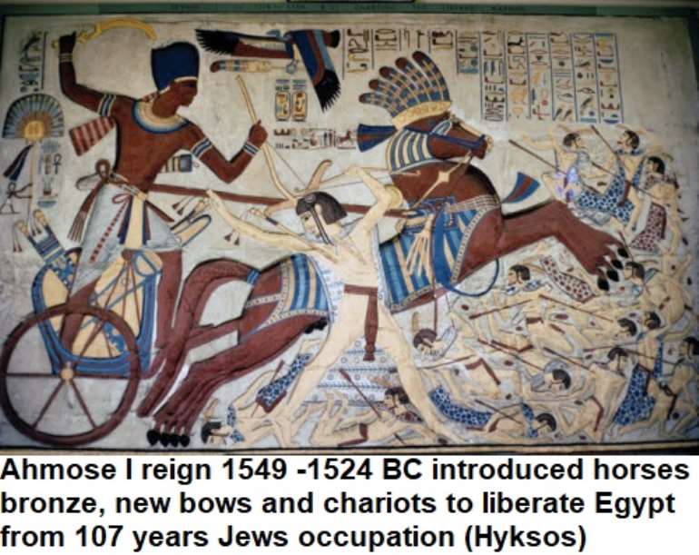 1062017120430 ahmoseireign15491524bcintroducedhorsesbronzenewbowsandchariotstoliberateegyptfrom107yearsjewsoccupationhyksos