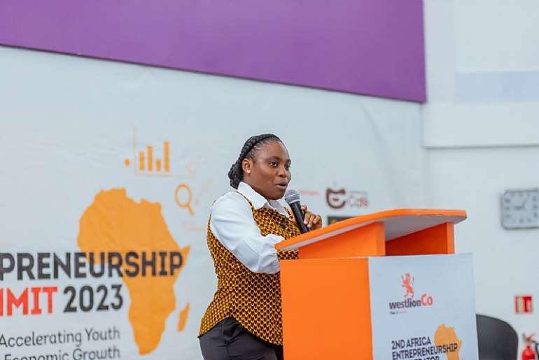 <em>Boatemaa Annan, Chief Executive Officer, WestlionCo, delivering an opening speech at the <strong>2<sup>nd</sup> Africa Entrepreneurship Accelerator Summit 2023</strong>, British Council - Accra.</em>