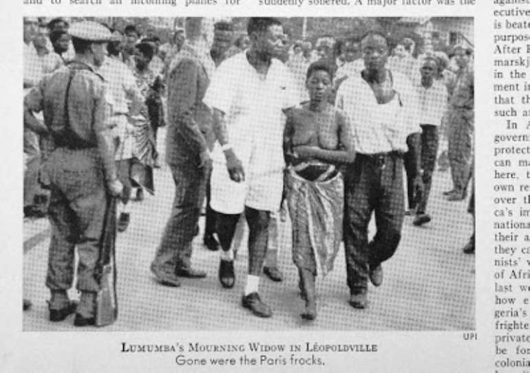 Newspaper cutting showing a photo of Pauline Lumumba walking bare-breasted in the streets of Leopoldville after the death of her husband