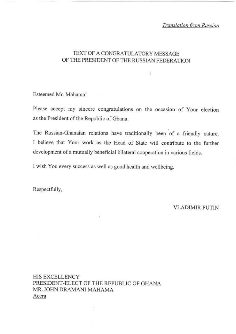 ‘I wish you success’ Russian President Vladimir Putin congratulates