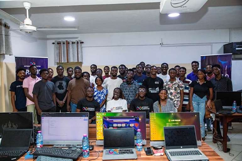 A group photo from a university blockchain event hosted by ICP HUB Ghana, with students and speakers posing together.