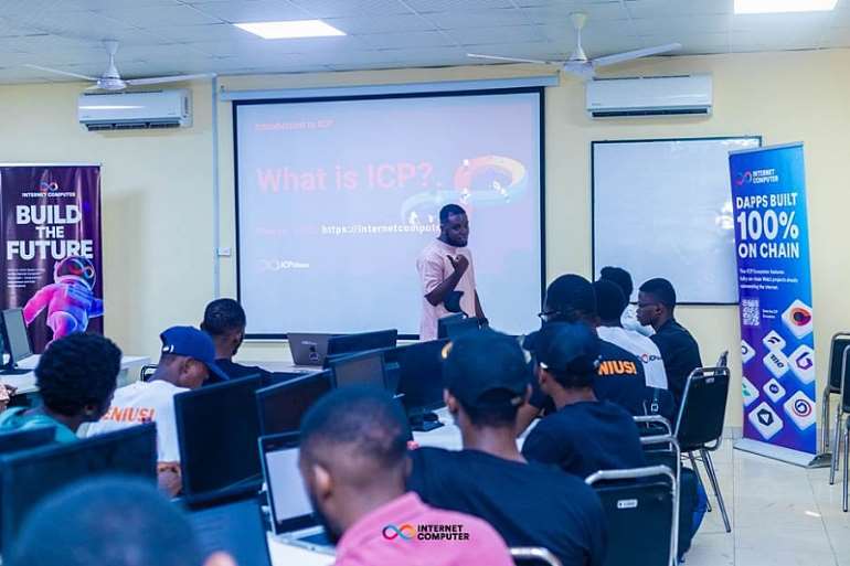 A panel discussion at a blockchain event, featuring Web3 experts from ICP HUB Ghana