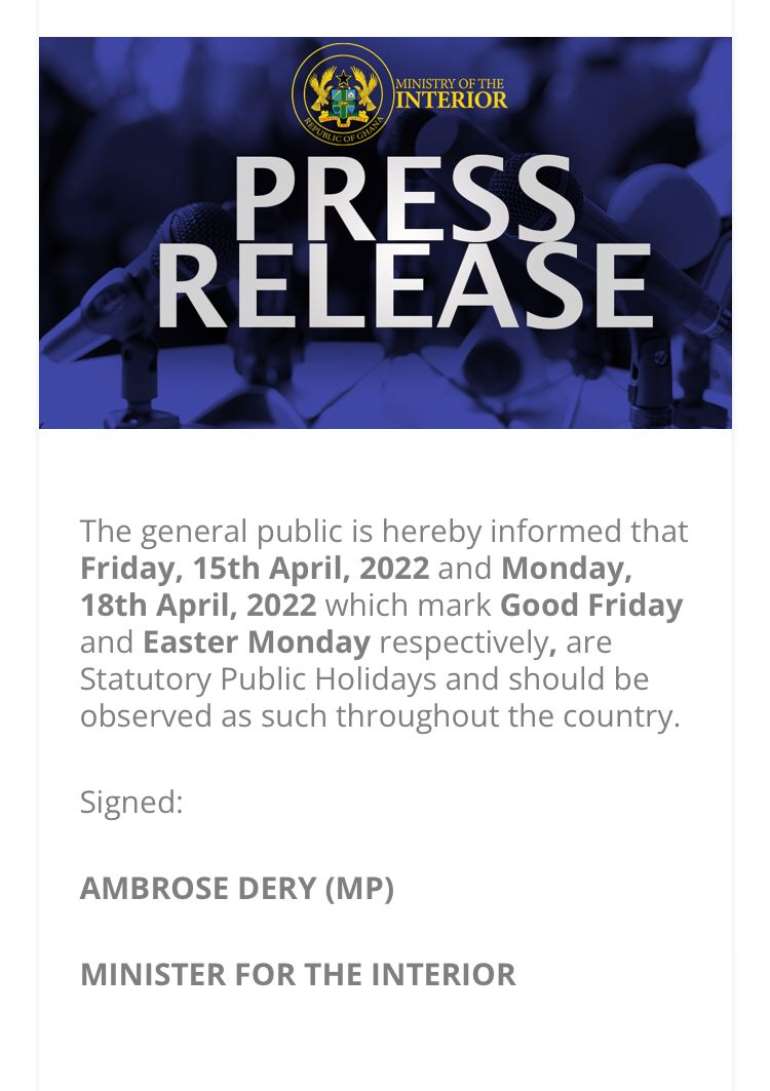 April 15th And 18th Declared Public Holidays For Good Friday And Easter Monday