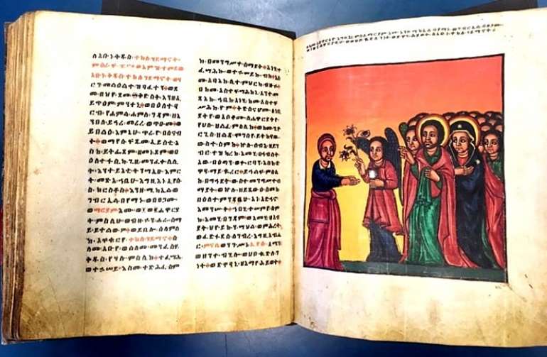 <em>Christ, the Virgin Mary, Michael, Gabriel and the Twelve Apostles appear before Saint Takla Haymanot at Easter. From the 18th century Life and Acts of St. Takla Haymanot</em>. (<em>image via and courtesy of the British Library)</em>