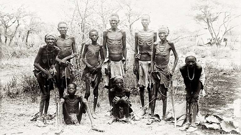 Surviving Herero returning starved from the Omaheke desert where they had been driven by German troops after the battle at Waterberg in; two women in front were unable to stand.