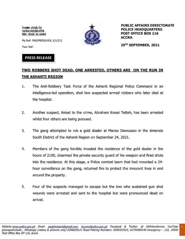 Police gun down two armed robbers in Ashanti Region over in attempt to ...