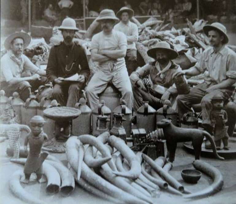 Members of the nefarious Punitive Expedition of 1897 posing proudly with their looted Benin artefacts