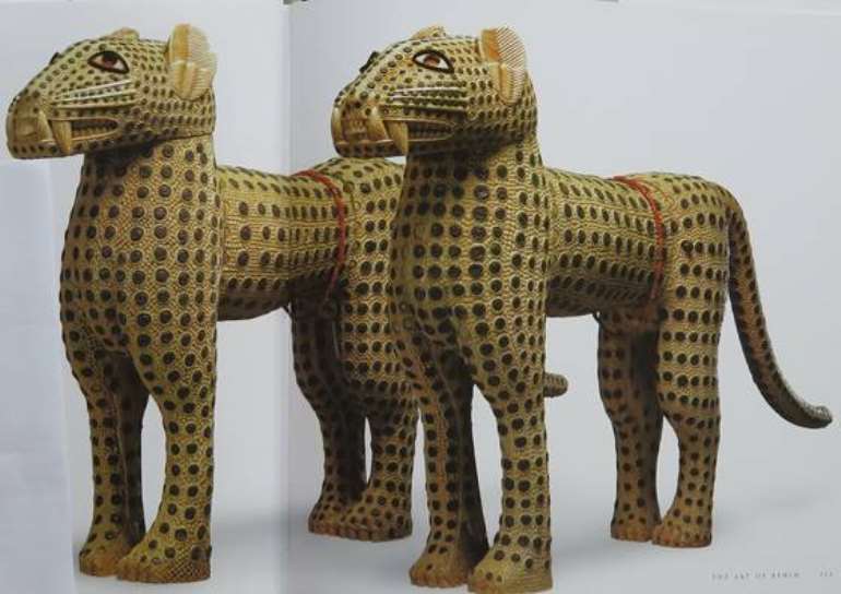 Pair of leopard figures, now in the Royal Collection Her Majesty Queen Elizabeth II, London, UK. The commanders of the British Punitive Expedition force to Benin in 1897 sent a pair of leopards to the British Queen soon after the looting and burning of Benin City. See Nigel Barley, The Art of Benin, p.112.