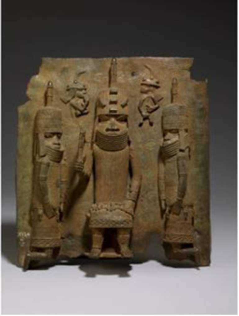 Oba of Benin with two Attendants and two Portuguese in background, Benin/Nigeria, now in the British Museum. Seized by British troops during the invasion of Benin in 1897.