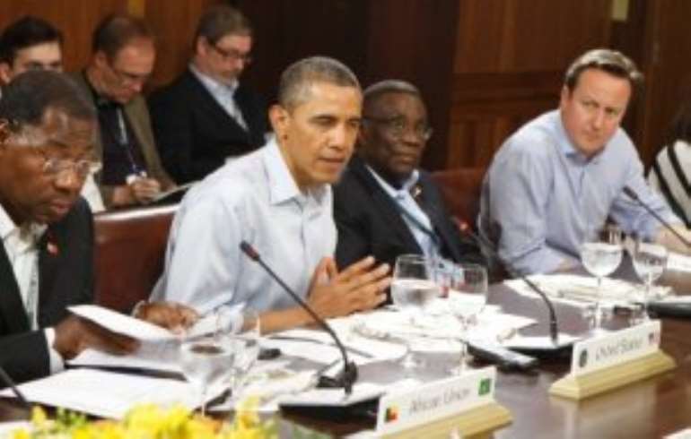 His Excellency, President J.E.A Mills (third from left) in a meeting with US President Barack Obama and other G8 Summit.