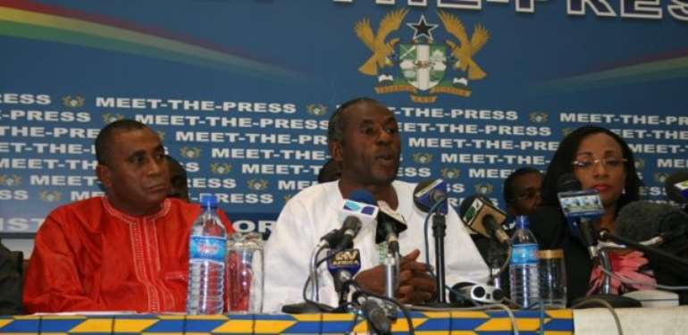 Mr Colins Dauda, (middle) Minister of Lands and Natural Resources address the media during meet the press section in Accra. With him are Mrs Zita Okakoi, (right) Minister of Information and Henry Ford Kamel, (left) Deputy Minister of Lands and Natural Resources.