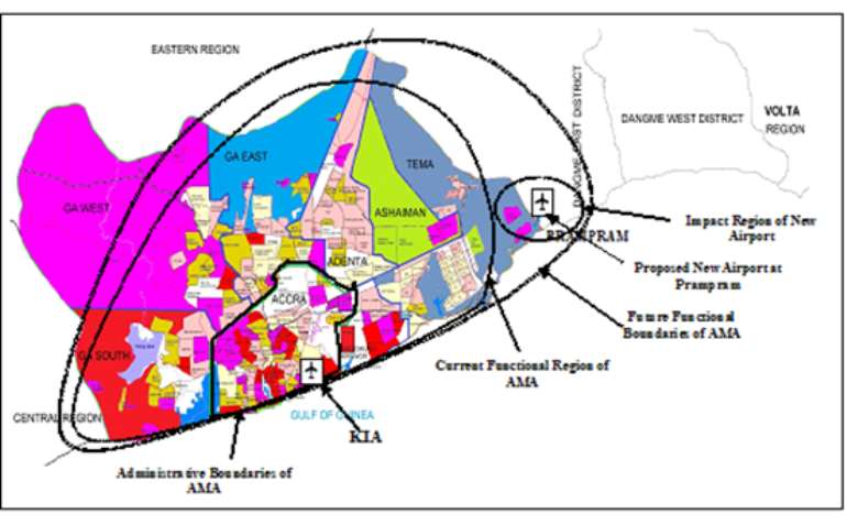 Figure 1: Map of Accra Metropolis Showing the Growth Impact of the Proposed New Airport at Prampram