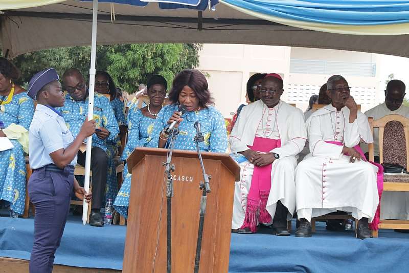 Madam Madam Benedicta Tenni Seidu, the Director of Girls Education Unit at the Ghana Education Service addressing the audience. Seated Behind are Bishop Anthony Adanuty Founder of School and Bishop Gabriel Kumordji of Keta-Akatsi October 19, 2019. Photo by Damian Avevor