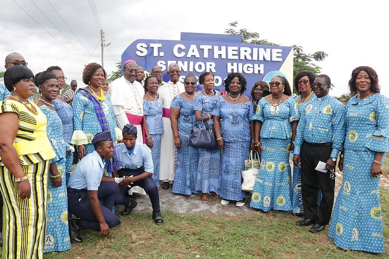Bishop Anthony Adanuty Founder of St. Catherine Girls Senior High and Bishop Gabriel Kumordji of Keta-Akatsi with Dignitaries at the decade celebration at Agbakope on October 19, 2019. Extreme right is Madam Benedicta Tenni Seidu, the Director of Girls Education Unit at the Ghana Education Service. Photo by Damian Avevor