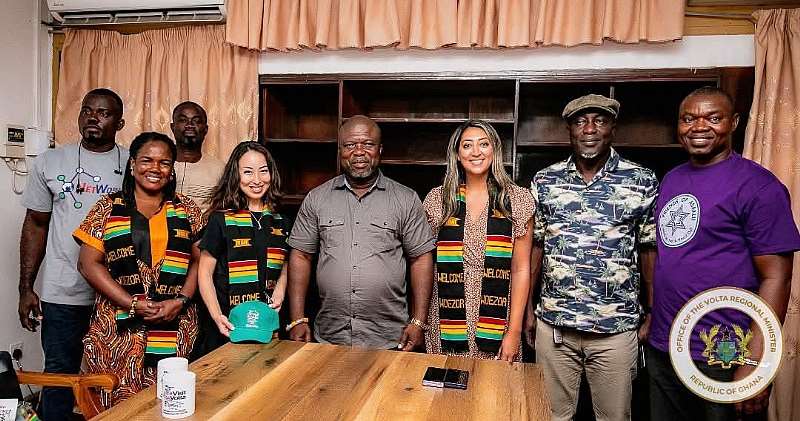 Volta Regional Minister, Hon James Gunu in a photograph with Haneen Khalaf (Immediate right) Augustus Awiti - Director of the VRCC (2nd Right), Followed by Robert Tornu. On the his right hand side, Gihnee Rancourt, followed by Stella Kudah and Chrisly Dan (Executive Director of Networld Internet Services)