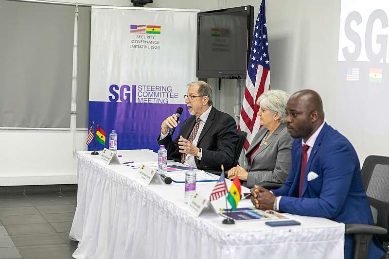 U.S. Governments Security Governance Initiative (SGI) Ghana Head of Delegation Ambassador Michael Arietti (far left) addressing the press with U.S. Ambassador to Ghana Stephanie S. Sullivan (middle) and SGI Ghana National Coordinator Osei Bonsu Dickson (far right) in advance of the 6th Security Governance Initiative Steering Committee Meeting on Wednesday, January 22, 2020.