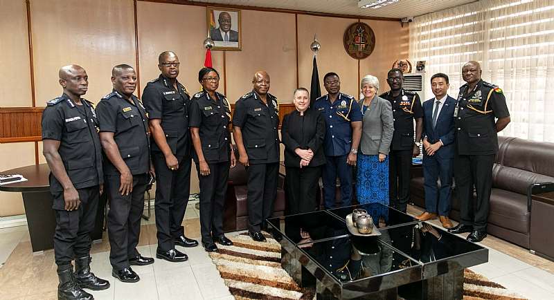 U.S. Department of State Assistant Secretary for the Bureau of International Narcotics and Law Enforcement Affairs Kirsten Madison (middle in black suit) and the U.S. Ambassador to Ghana Stephanie S. Sullivan pictured with Inspector-General of Police James Oppong-Boanuh (left of Assistant Secretary Madison) and Ghana Police Service (GPS) International Relations Directorate Director ACP Baba Saanid Adamu (far right) and members of the GPS on Thursday, January 23, 2020.