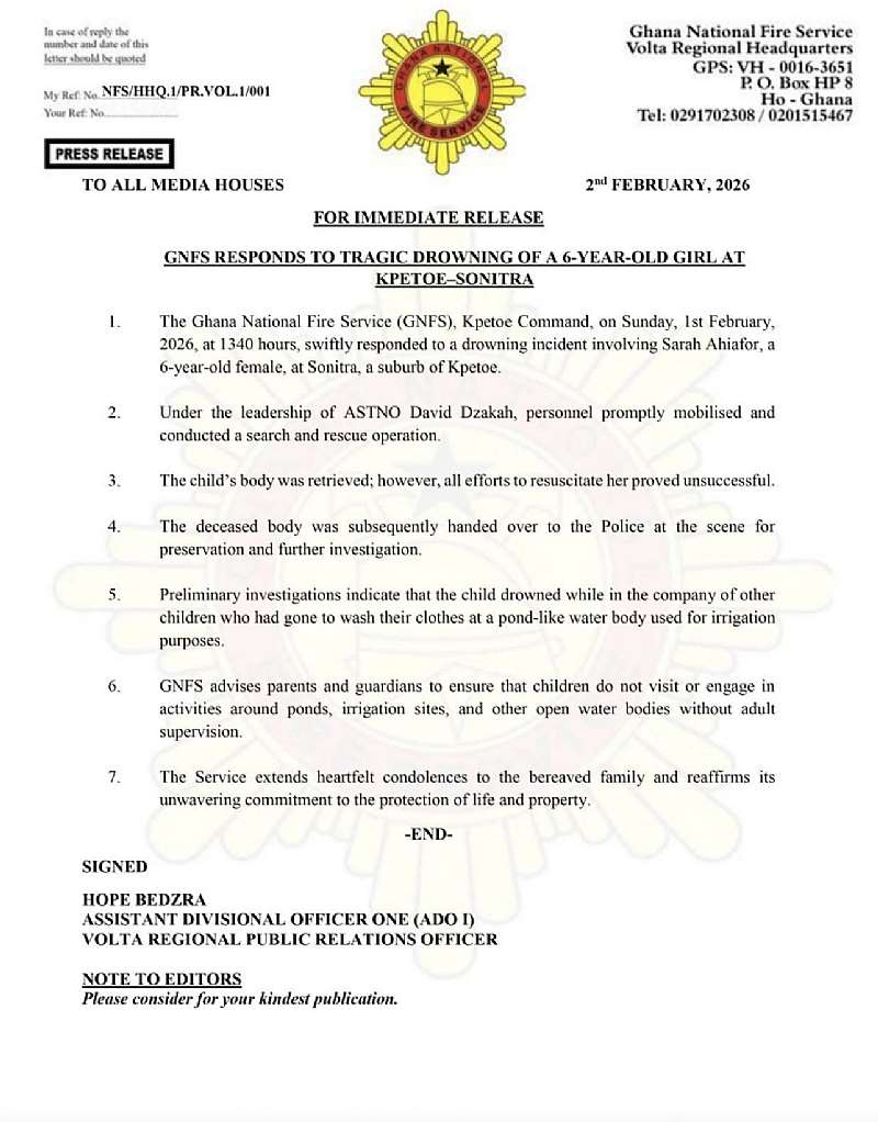 Don’t leave your children near water bodies with no supervision — GNFS advises parents