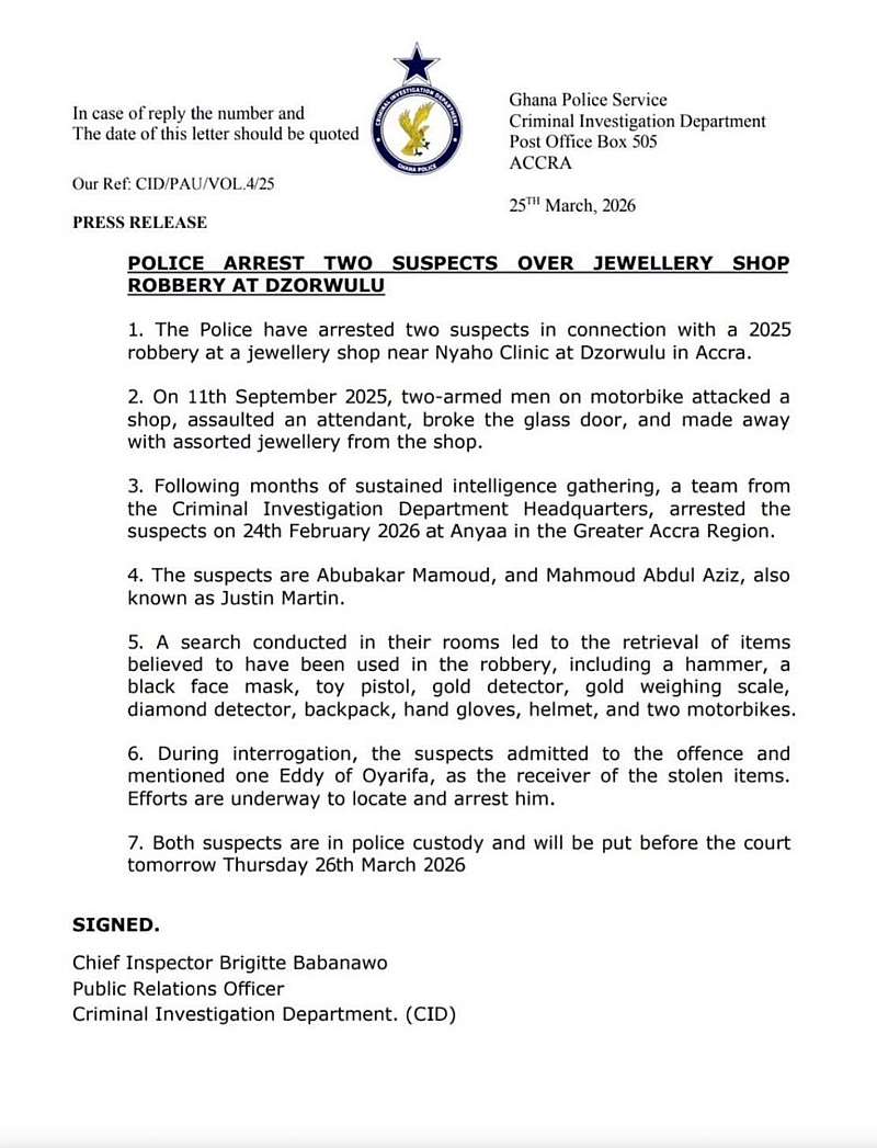 Police arrest two suspects over 2025 Dzorwulu jewellery shop robbery