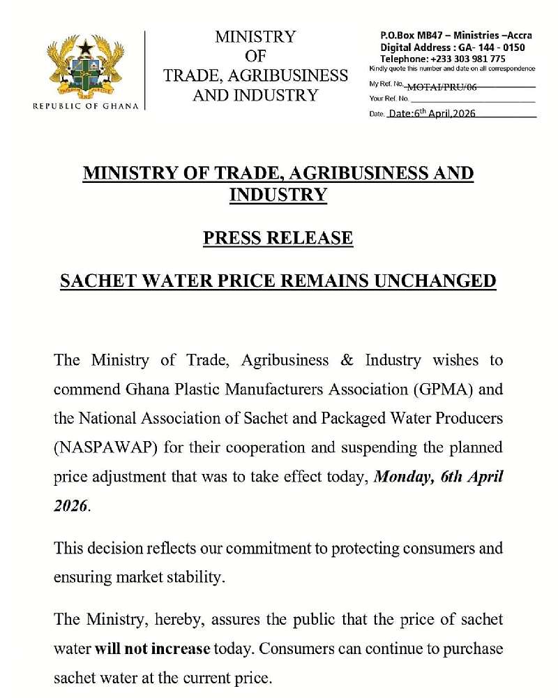 Price of sachet water will not increase today — Trade Ministry assures ...