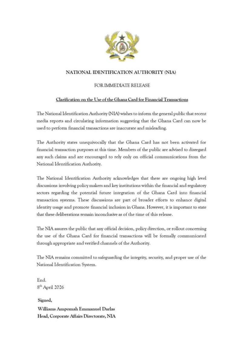 Claim Ghana card can be used for financial transactions inaccurate — NIA