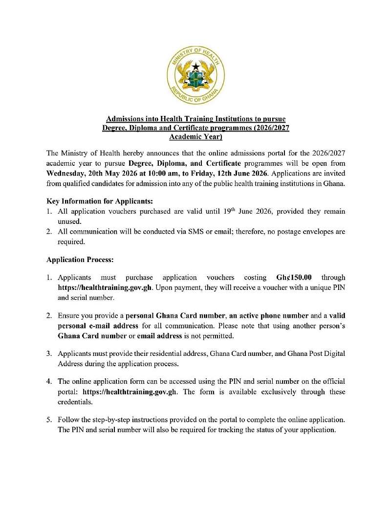 Admissions into health training institutions to open on May 20 — Health ...
