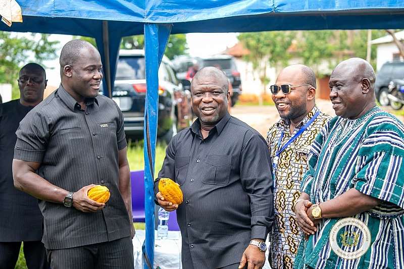 Managing Director of Ghana Cocoa Marketing Company, Dr Wisdom Kofi Dogbey (first from the left) followed by the Volta Regional Minister, Hon James Gunu, next to the Executive Director of CFF-Ghana, Mr Richard Kasu the DCE for Ho-West, Hon Prosper Francis Dussey in a photograph.