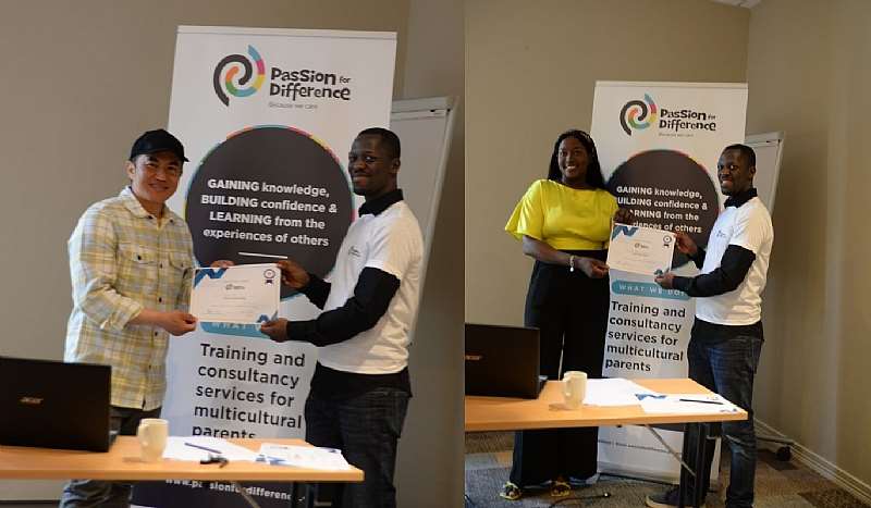 Prabin Rai with cultural background from Nepal (left) receiving his certificate of merit from Mr Kyei BoatengKristiansand PFD Project Leader, Mr Kyei Boateng (right) presenting certificate of merit to one of the participants with cultural background from Cameron Nadine Yondo Nadine.