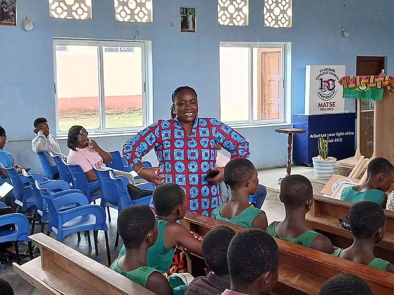 Madam Eyra Kpe, facilitating a season at the World Menstrual Hygiene Day celebration in Matse.