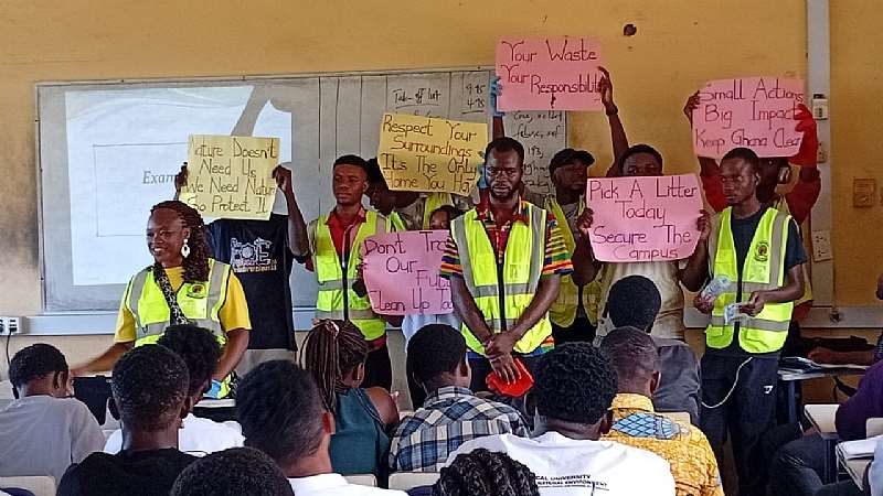 Ing. Dr Mrs. Patricia Asantewaa-Tannor and some students carrying out a sensitisation exercise at one of the lecture halls as part of activities to celebrate World Environmental Day at the HTU.