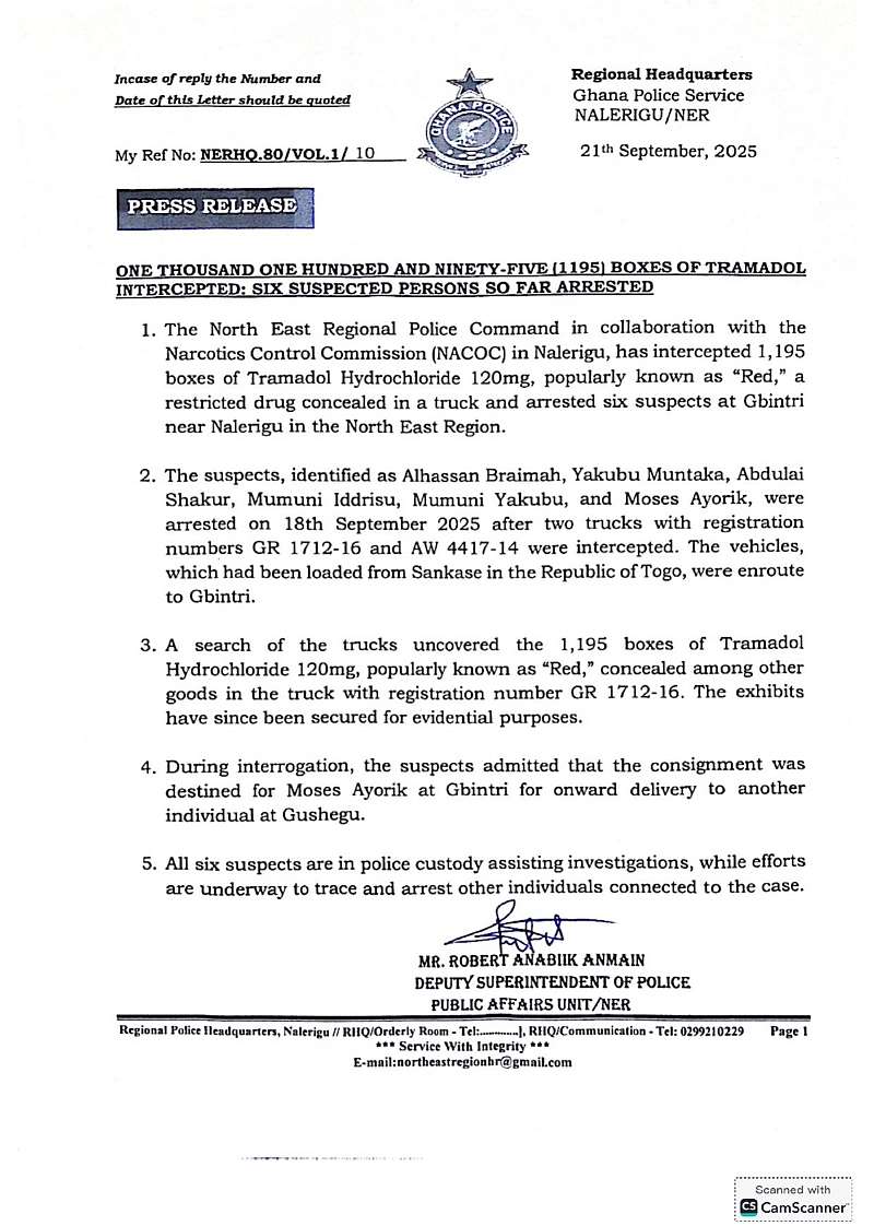Police arrest six suspects with 1,195 boxes of tramadol ‘Red’