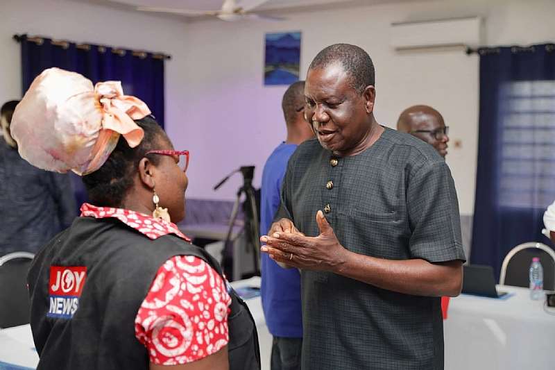 George Achibra Founder/Executive Director PACODEP (Right) having an interaction with one of the journalists at the workshop organised as part of the My Rights My Future project in Dambai