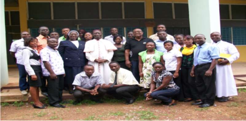 Participants From The International Movement Of Catholic Students (IMCS) Posed For A Group Photograph With Most Rev. Matthew Gyamfi €“ Bishop Of Catholic Diocese Of Sunyani After The Opening Session Of The Human Trafficking Workshop In Sunyani