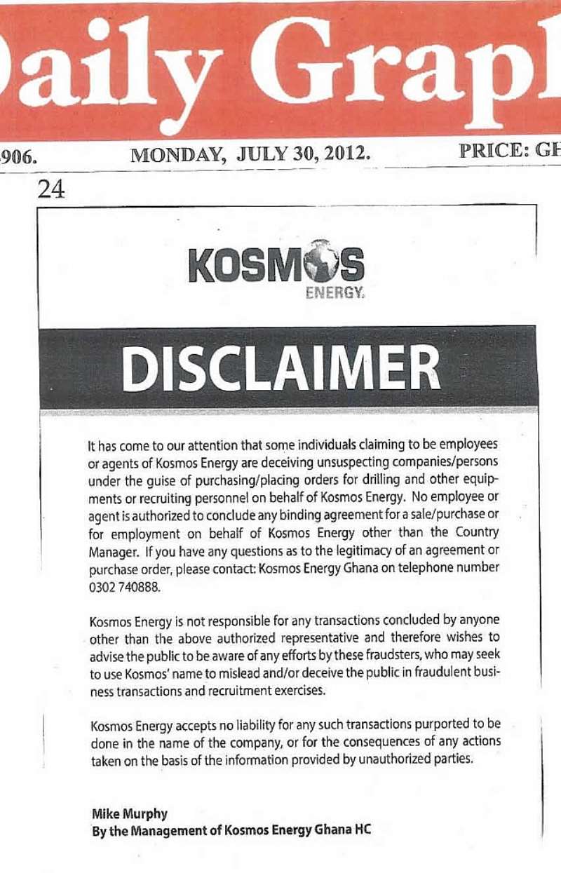 DAILY GRAPHIC DISCLAIMER MONDAY 30 JULY TO FRIDAY AUG.  PG 24